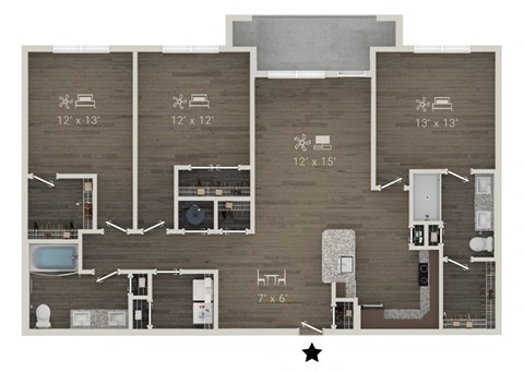 Floor plan for 3 beds, 2 baths, 1540 sqft